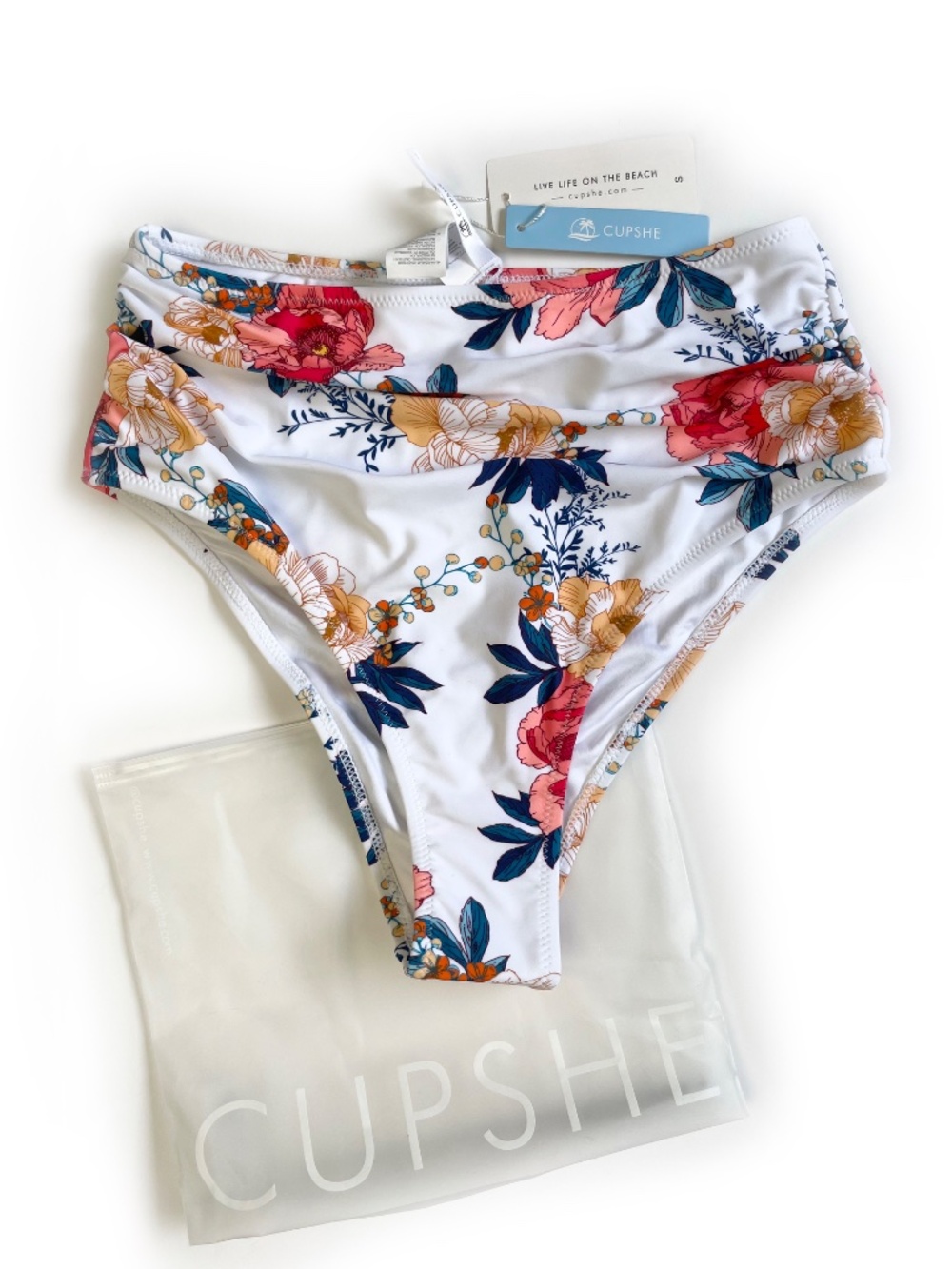 White Floral Shirring High Waisted Bikini Bottom - NWT - Small
